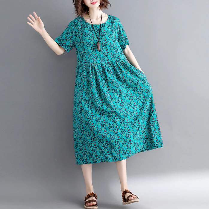 Elegant green print cotton linen maxi dress trendy plus size short sleeve long dresses New o neck clothing dresses