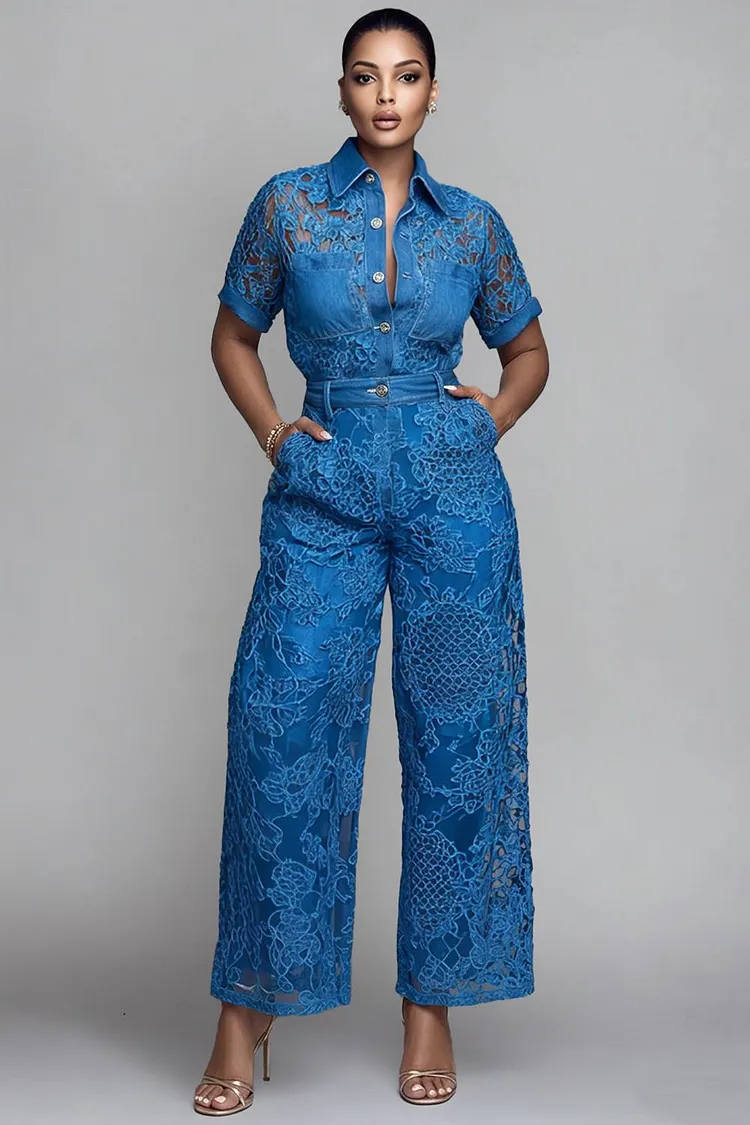 Xpluswear Design Plus Size Business Casual Blue Shirt Collar Short Sleeve Pocket Lace Two Piece Pant Sets [Pre-Order] 2024 - Xpluswear
