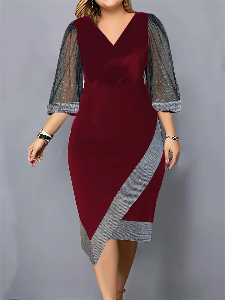 Spring New Bright Silk Solid Color Hot Drill Mesh V-neck A-line Dress Mid-waist Gauze Mesh Sleeves Urban Casual Dress Women