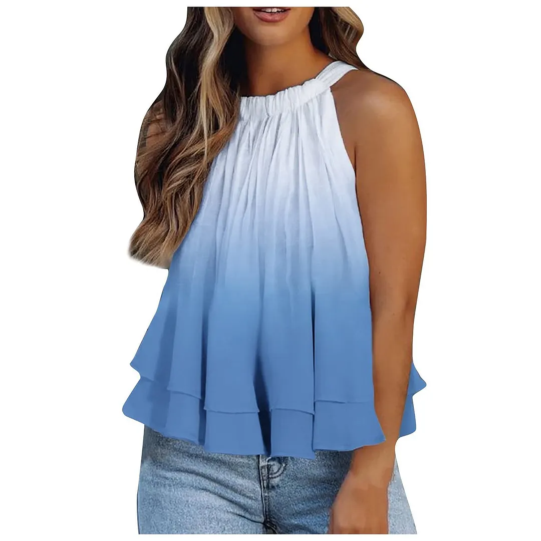 Brownm Print Round Neck Halter Sexy Sleeveless Blouses