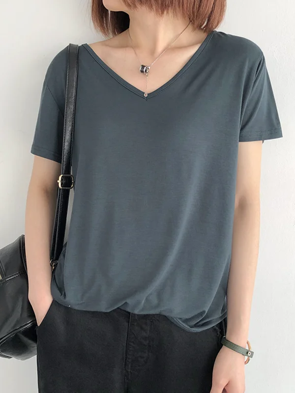 Minimalist Casual Pure Color V-Neck Short Sleeves T-Shirt Top