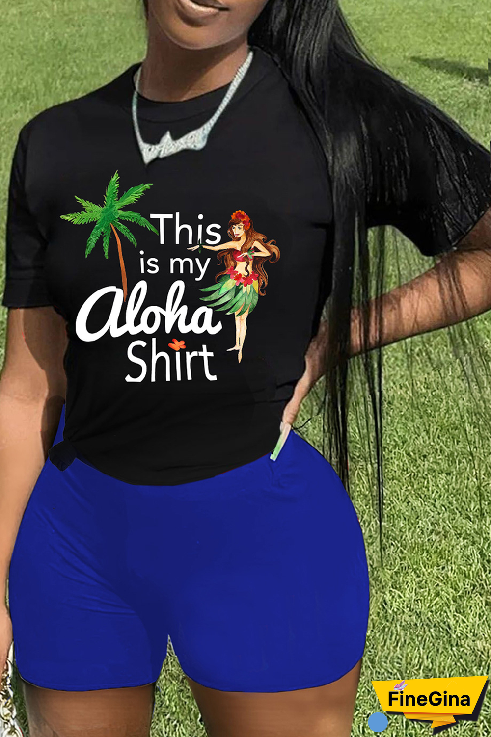 Black Pink Street Print Patchwork O Neck Short Sleeve Two Pieces