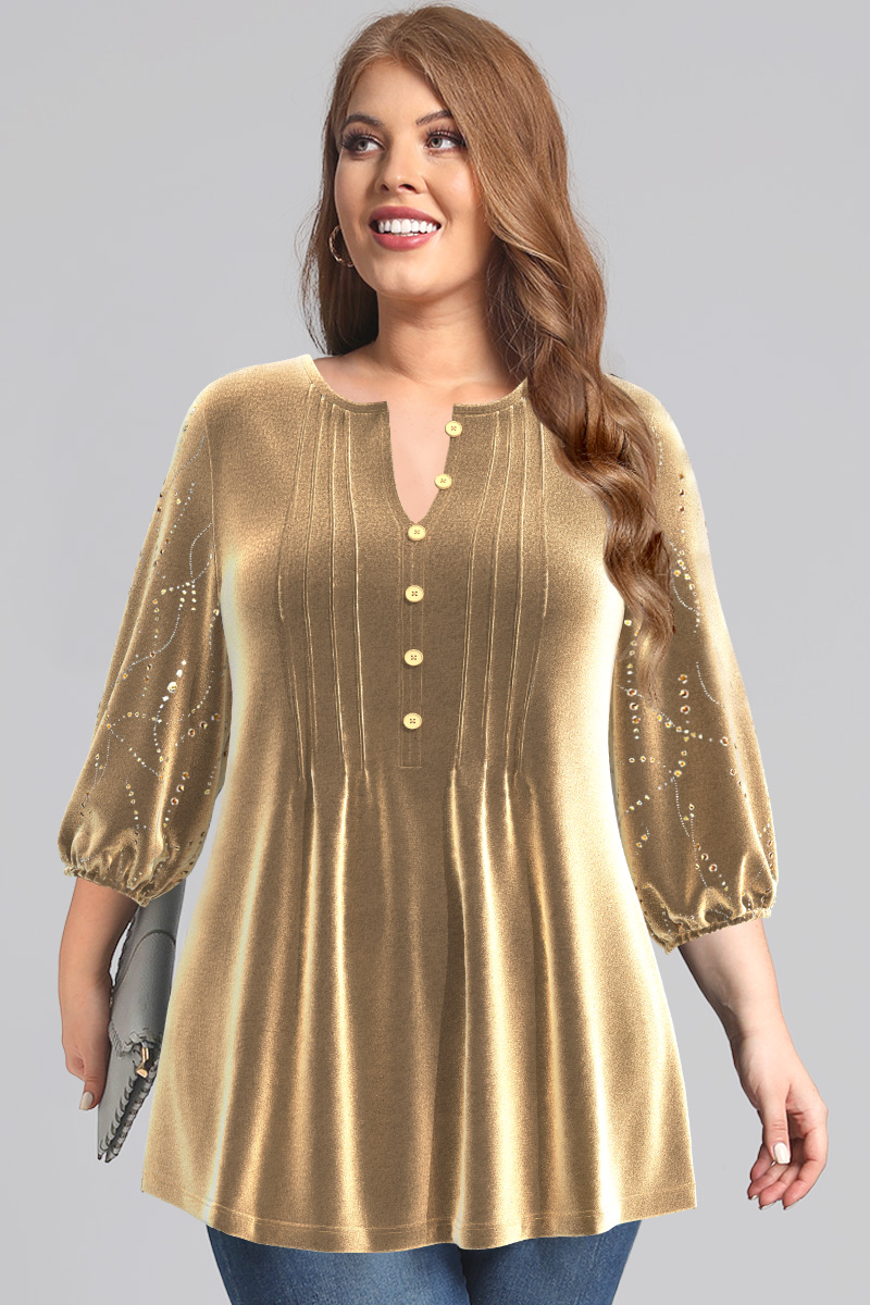 Flycurvy Plus Size Casual Gold Velvet Gold Stamping Pleated Lantern Sleeve Blouse