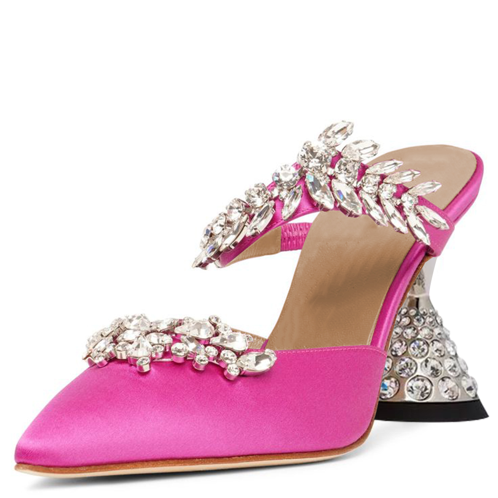 Pink Satin Pointy Toe 3'' Decorative Heel Rhinestone Mules Nicepairs