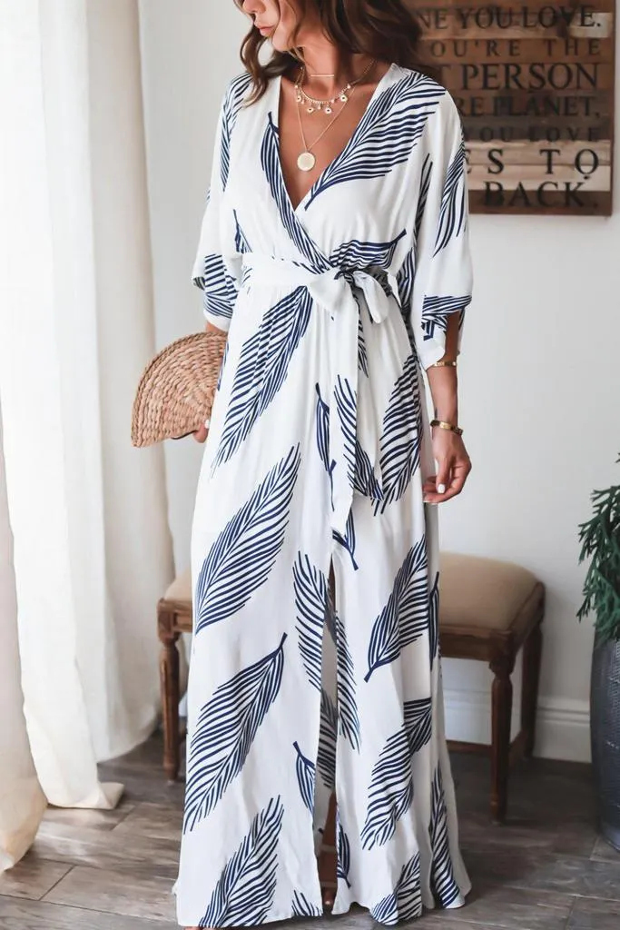 Temperament V-Neck Thigh-High Front Slit Maxi Dress With Belt-vocosishoes