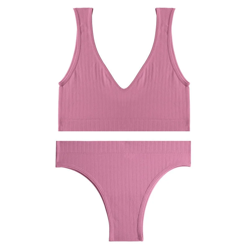 FINETOO Deep V Tops Panties Set Seamless Bralette Women M-XL Sexy Bra Set Backless Underwear Suit Girl Crop Top Underpants Set