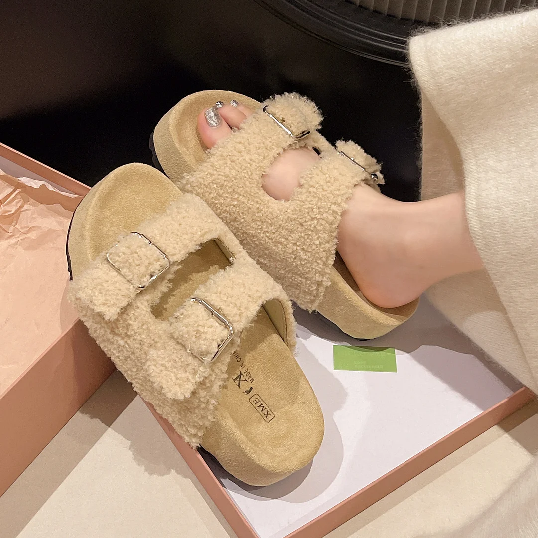 Yyvonne New Lamb Hairy Shoes Double Buckle Buckle Buckle Shoes Thick-Skin Pine Cake Word Sandals To Wear Slippers Women's Shoes