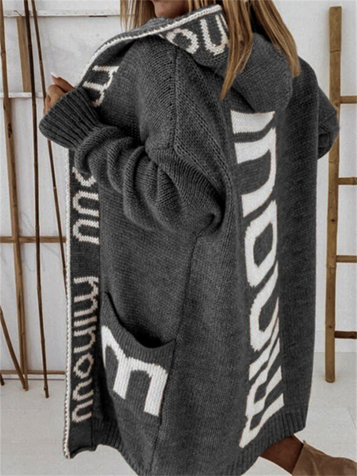 Women's New Fall and Winter Long Cardigan Hooded Letter Knit Sweater Women's Loose Sweater Knitted Jacket