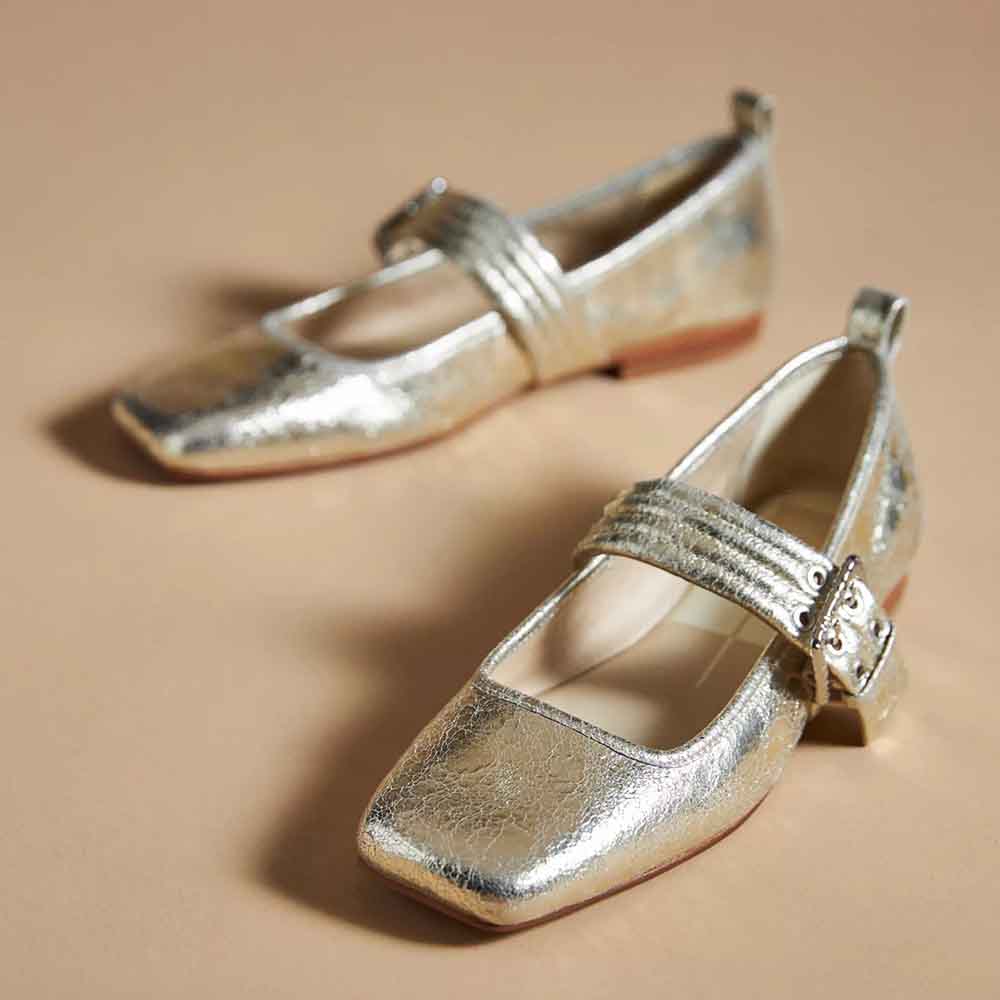 Silver Metallic Finish Square Toe Pull-On Mary Jane Flats with Buckle Nicepairs