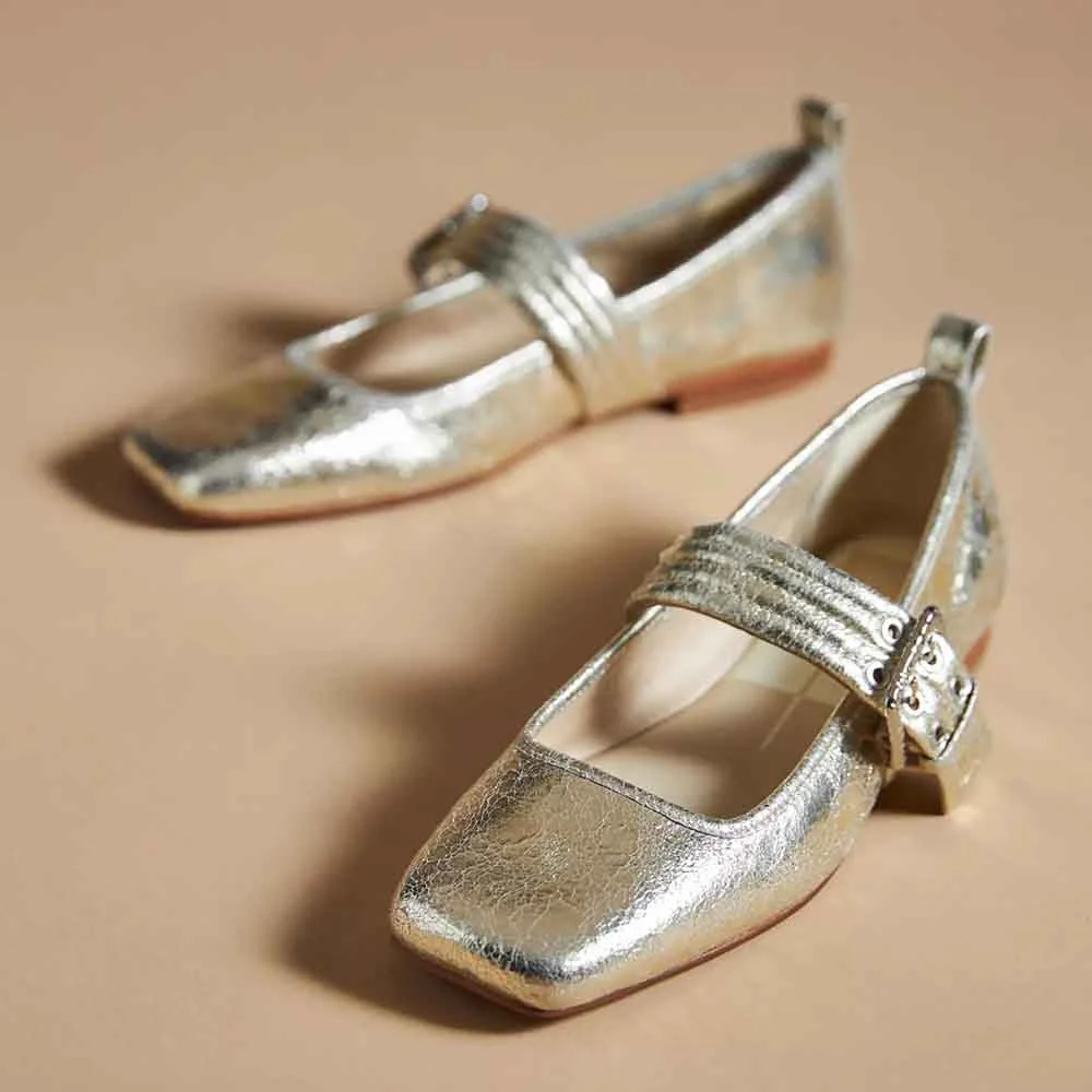 Silver Square Toe Pull-On Buckle Mary Jane Flats Nicepairs
