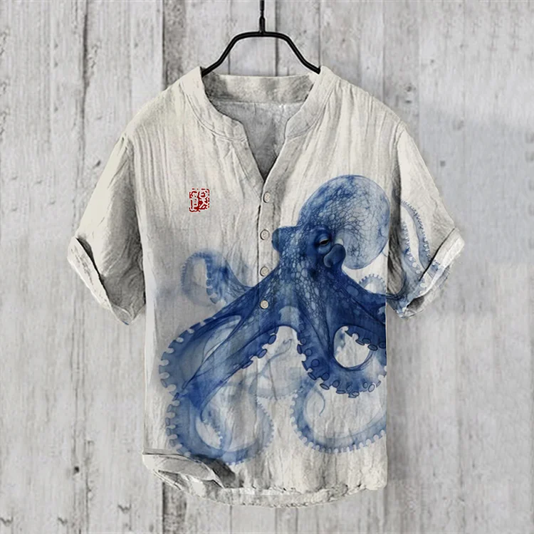 Japanese Art Ethereal Octopus X-Ray Graphic Linen Blend Shirt