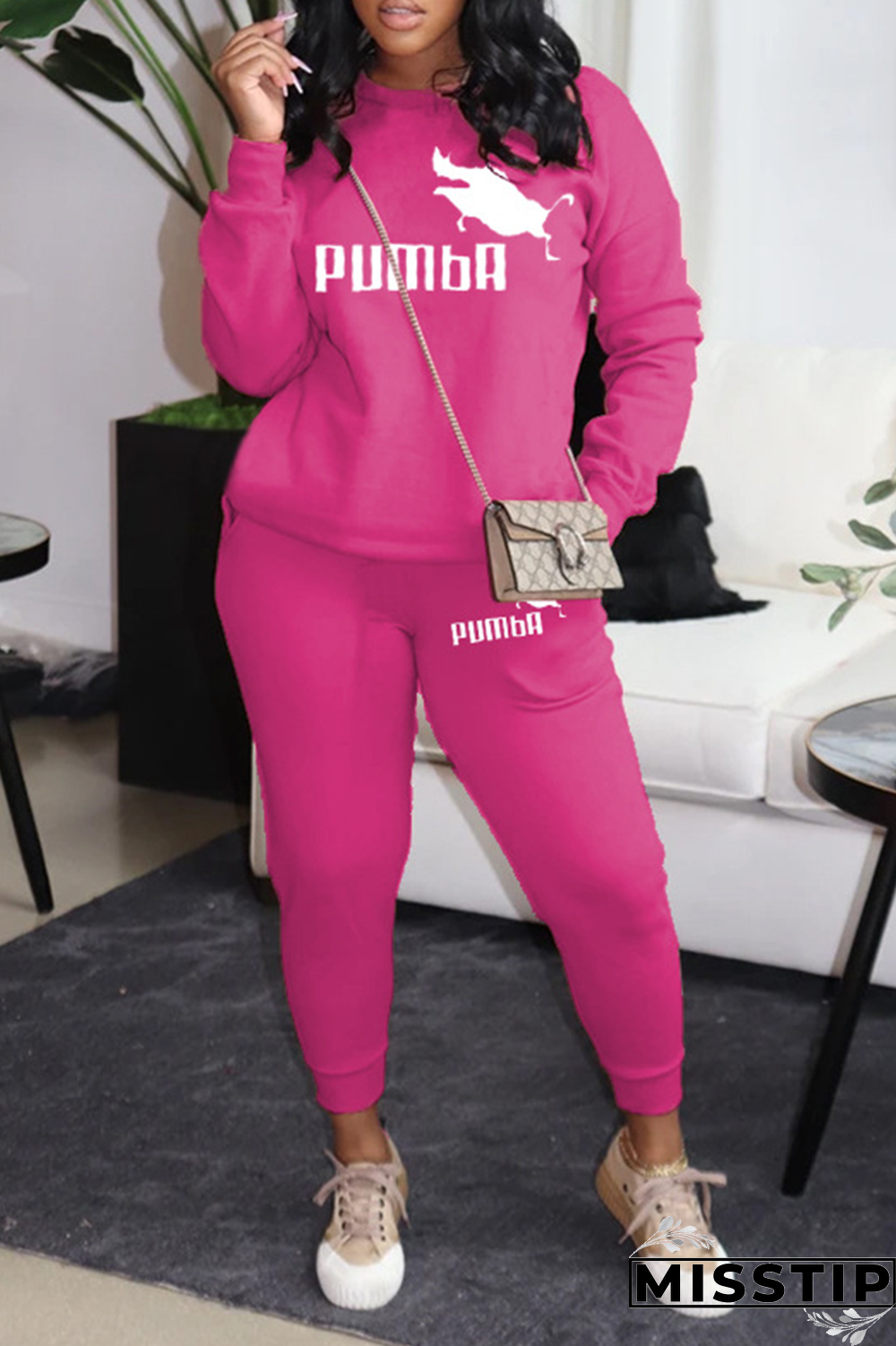 Rose Red Street Print Patchwork O Neck Long Sleeve Two Pieces