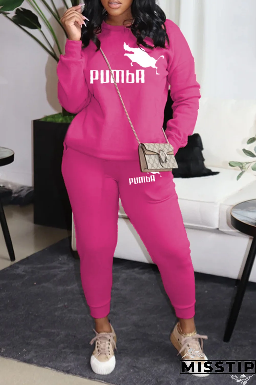 Rose Red Street Print Patchwork O Neck Long Sleeve Two Pieces