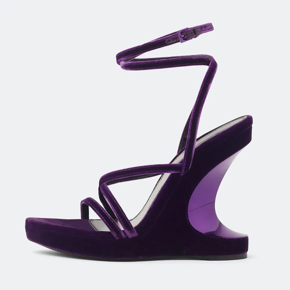 Dark Purple Velvet Square Toe Strappy High Heels Sandals with Buckle