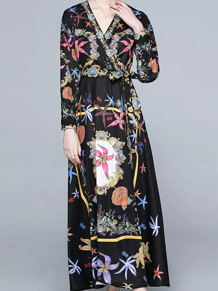 V-neck Long-sleeved Printed Lace-up Dress