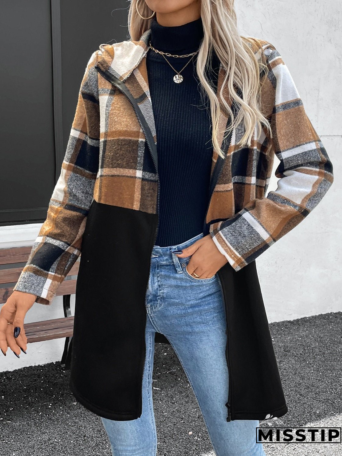 Plaid Zip Up Long Sleeve Hooded Outerwear