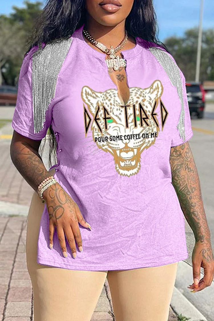 Light Purple Fashion Casual Print Tassel Patchwork V Neck T-Shirts