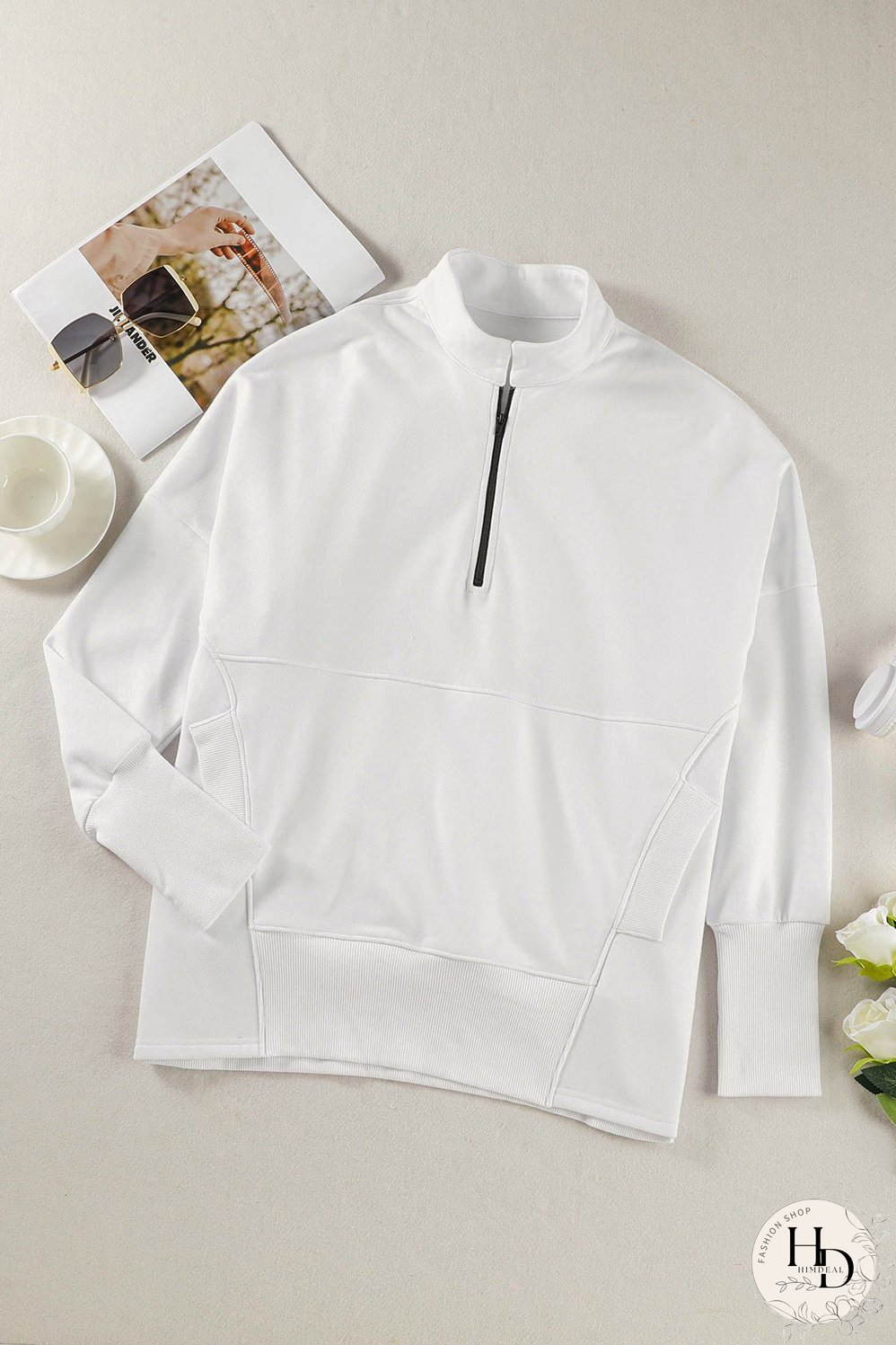 Cozy White Ribbed Pullover with Quarter-Zip Detail