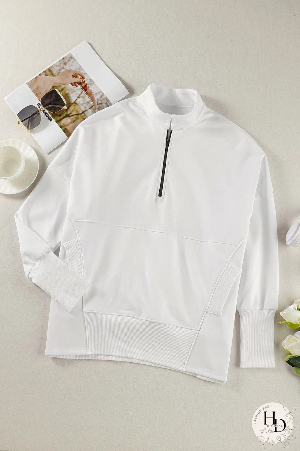Cozy White Ribbed Pullover with Quarter-Zip Detail