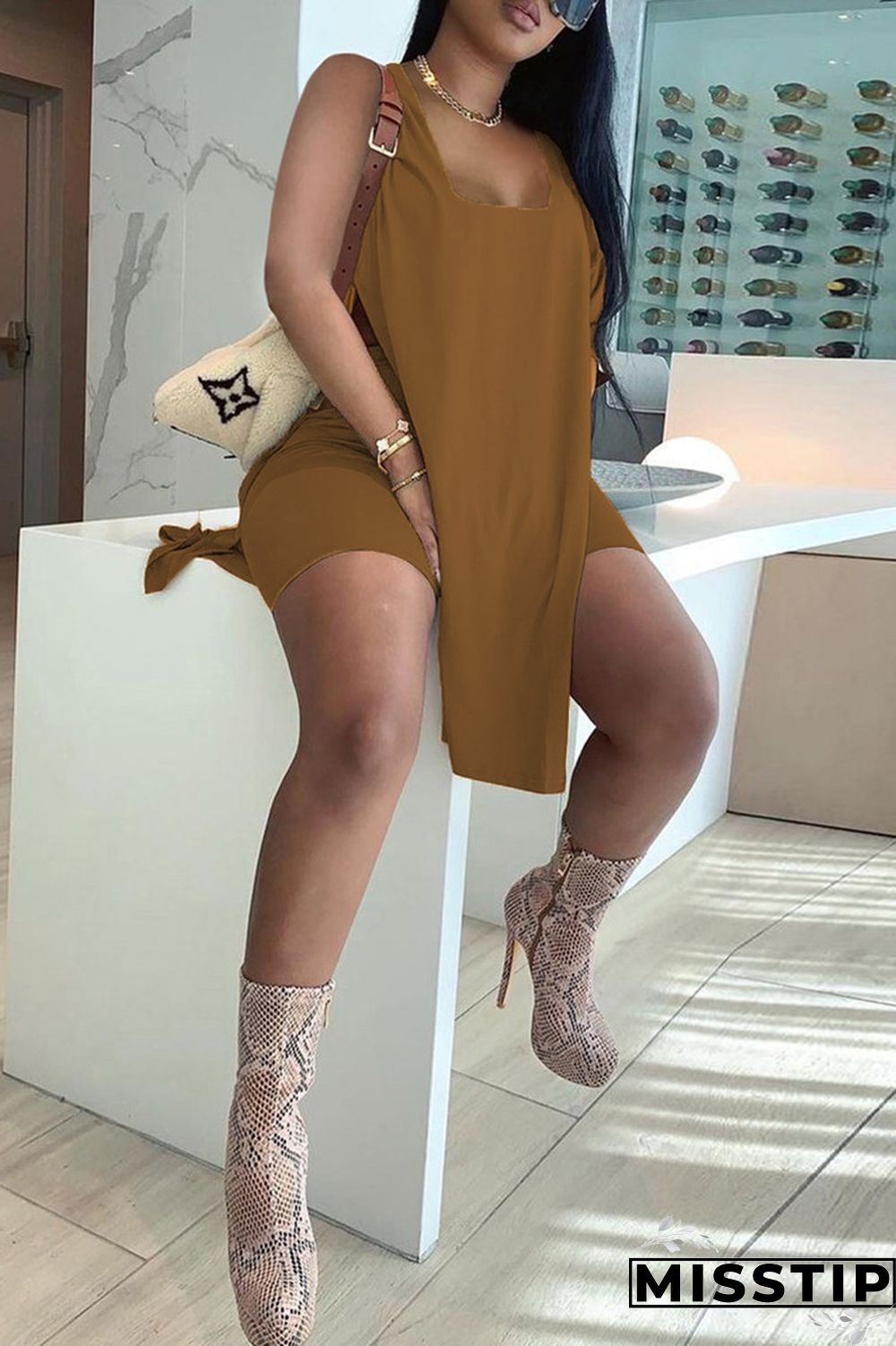 Black Fashion Casual Solid Slit U Neck Sleeveless Two Pieces