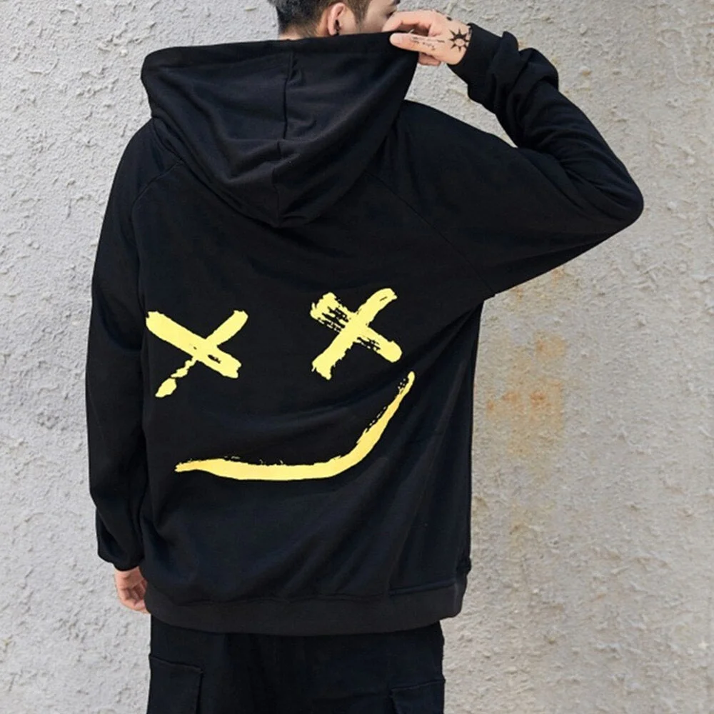 Men Happy Smiling Face Hoodies Fashion Patchwork Oversized Sweatshirts Hooded Pullovers Unisex Couple Hoodie Hip Hop Streetwear