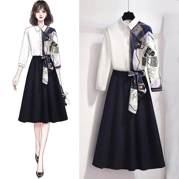 Elegant Print Blouse+Chic Skirt P11393
