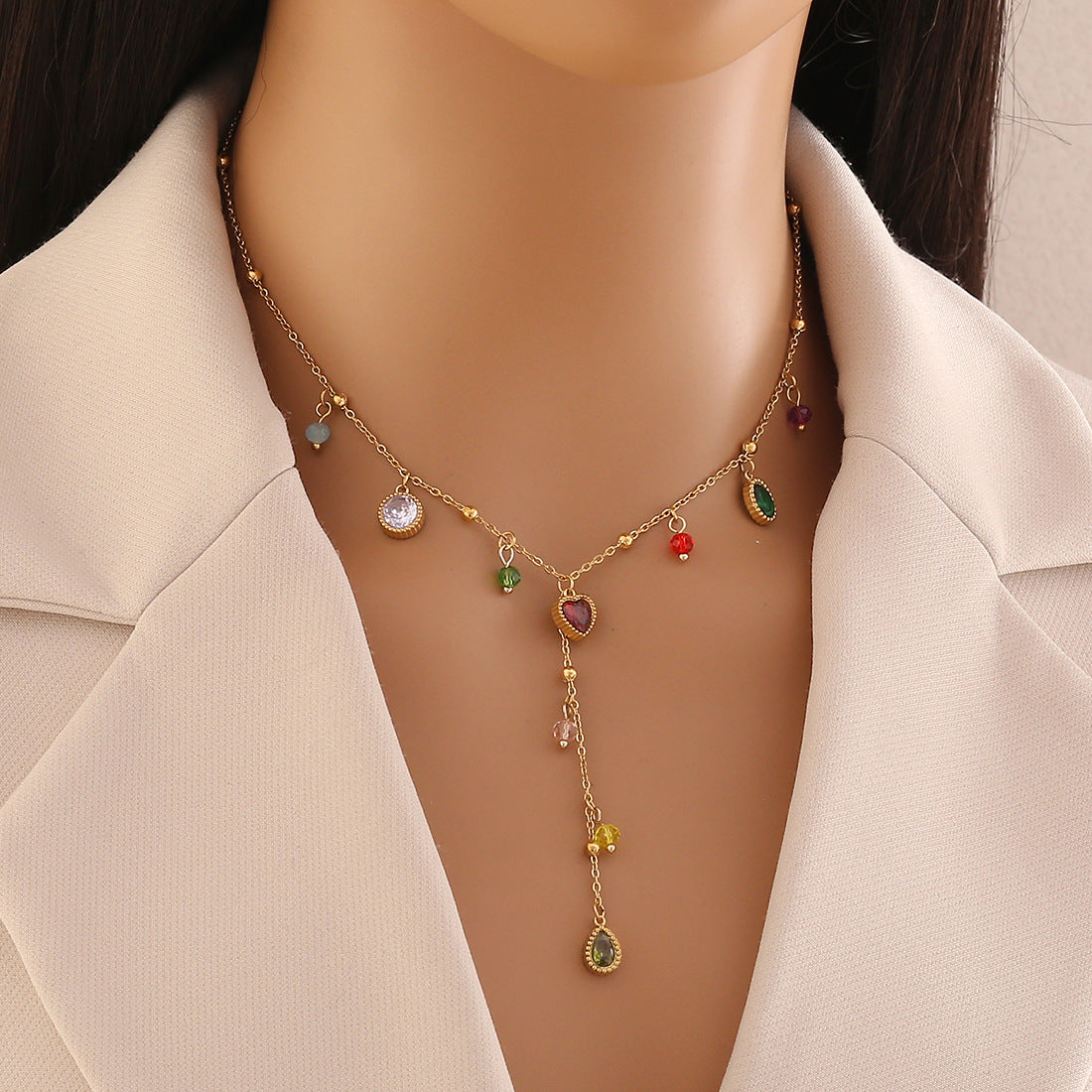 Cute Cherry Necklace Fashion Crystal Love Y-Shaped Necklace Star Moon Clavicle Chain N1563