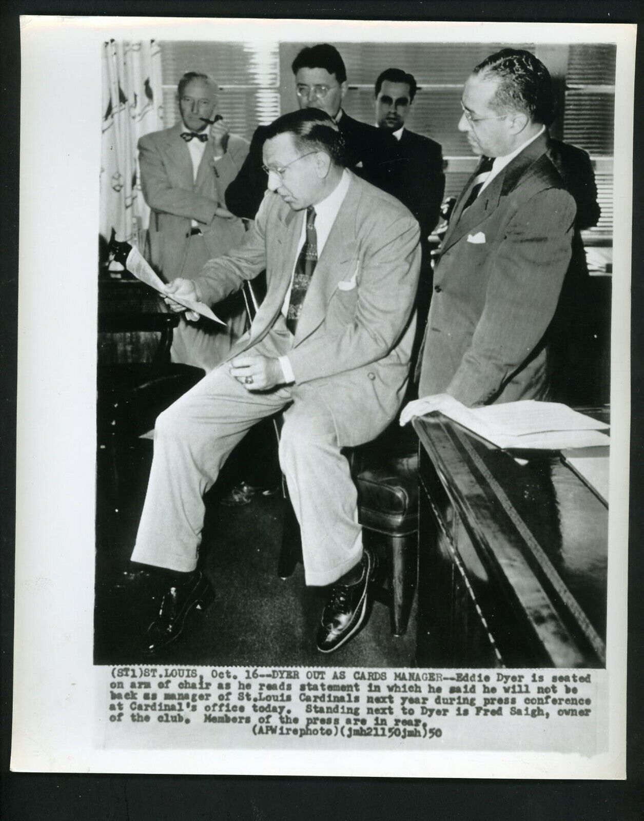 St. Louis Cardinals Owner Fred Saigh fires Manager Eddie Dyer 1950 Press Photo Poster painting