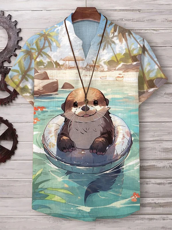 Women's Island Holiday Otter Print Linen Blend V Neck T-Shirt