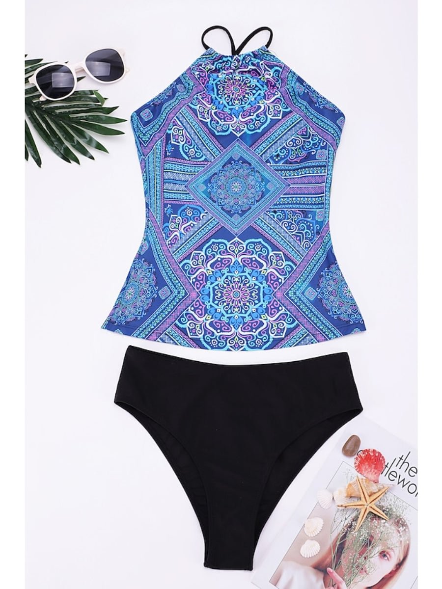 Women's Swimwear Tankini Halter Neck Stripes Color Block Beach Top Swimsuit