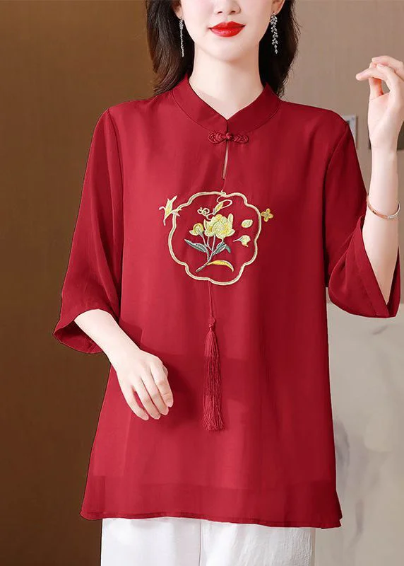Vintage Red Embroidered Tasseled Silk Blouse Tops Summer