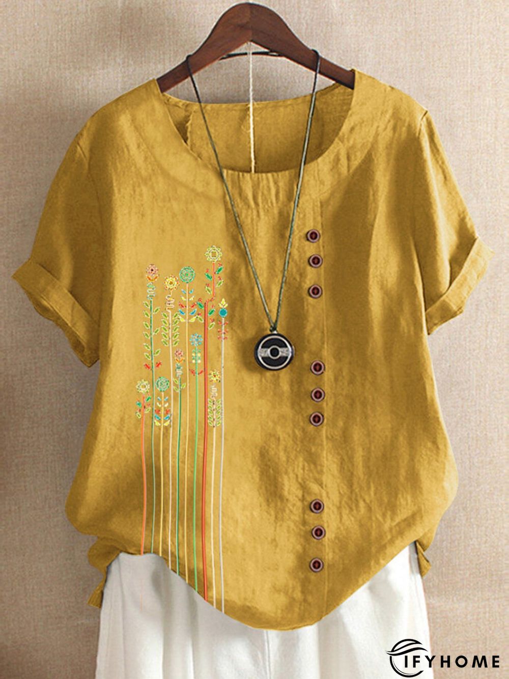 Yellow Floral-Print Casual T-shirt | IFYHOME