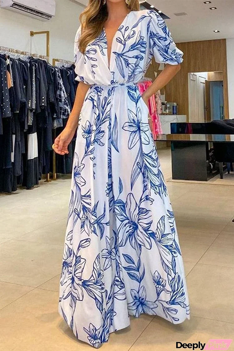 Elegant Floral Frenulum V Neck A Line Dresses