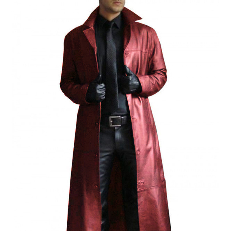 Men's Leather Trench Coat Vintage British Style Windbreaker Handsome Solid Color Slim-fit Overcoat Long Jacket Plus Size S-5XL