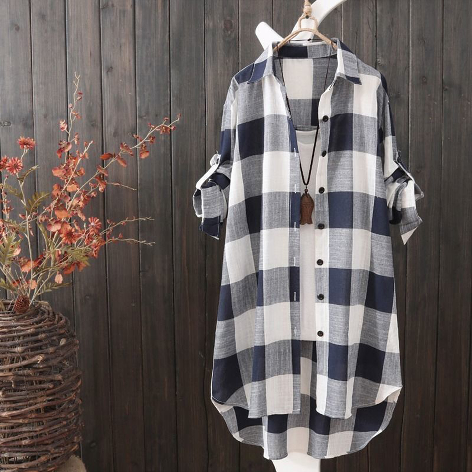 Fashion Women's Loose Casual Plaid Printed Long Sleeve Shirt