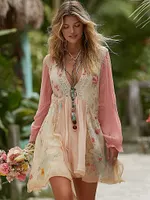 Women's Rose Floral Patchwork Casual Resort Linen Blend Long-sleeved Dress