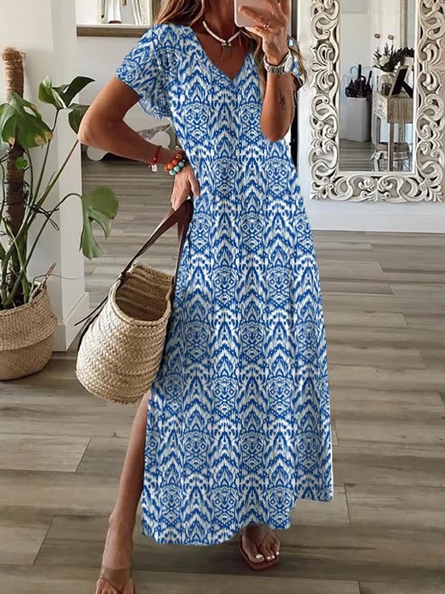 Casual Floral Print Short Sleeves V Neck Maxi Dress