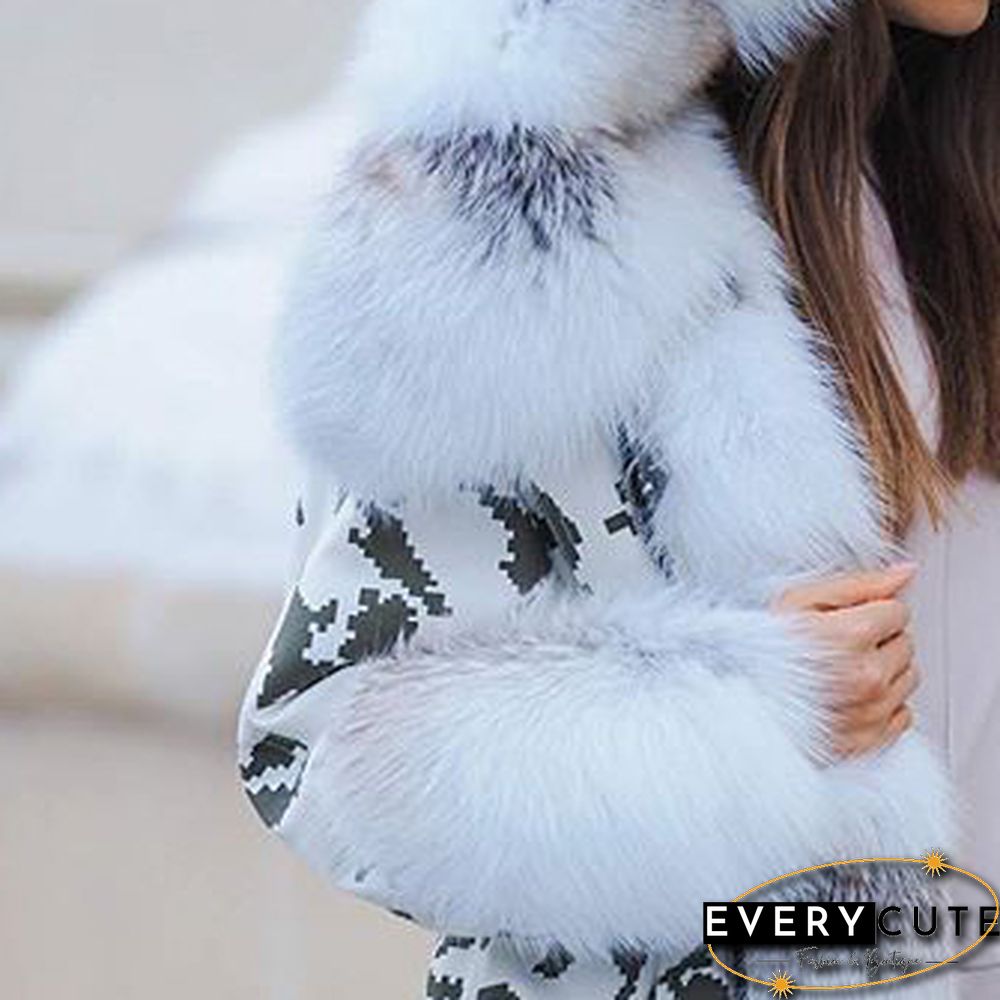 Fur Stitching Printing Long Down Jacket