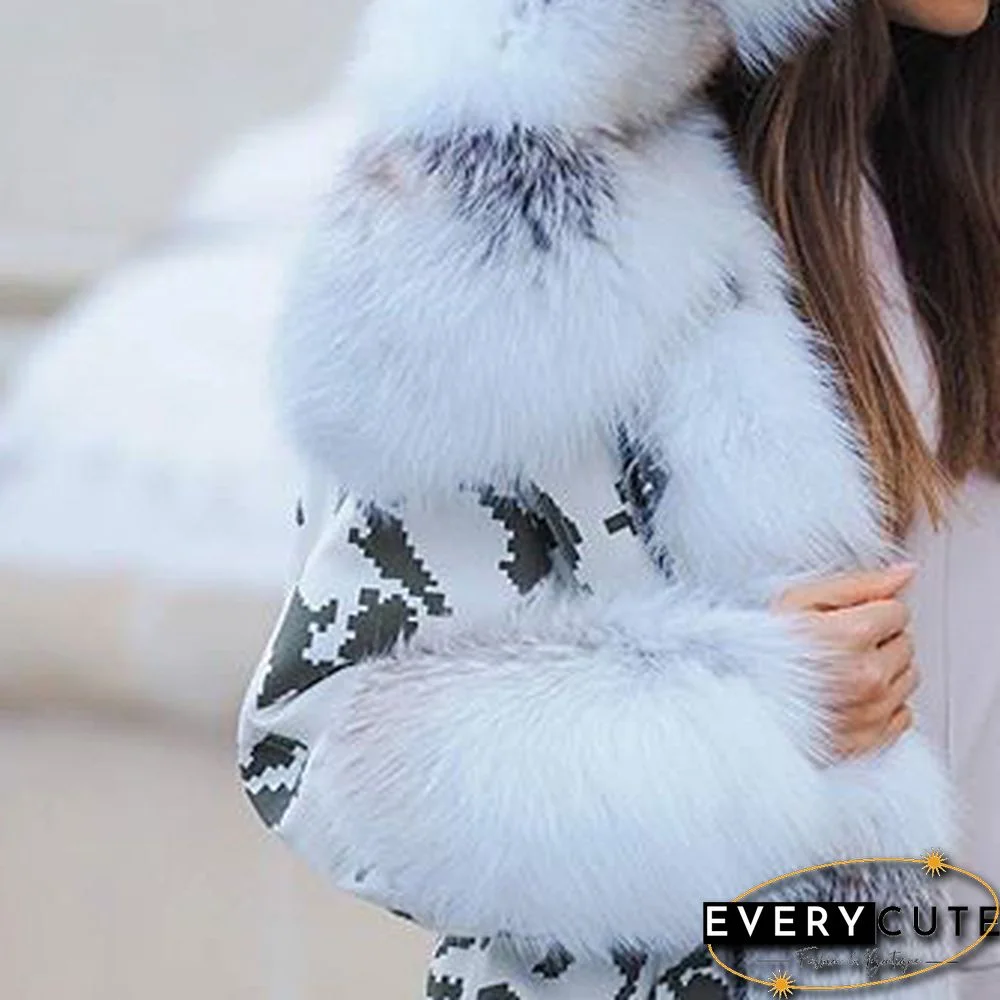 Fur Stitching Printing Long Down Jacket