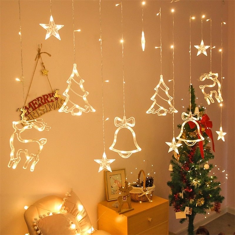 LED Deer Star Moon Curtain Light 220V 110V Christmas Garland String Fairy Lights Outdoor For Home Wedding Party New Year Decor