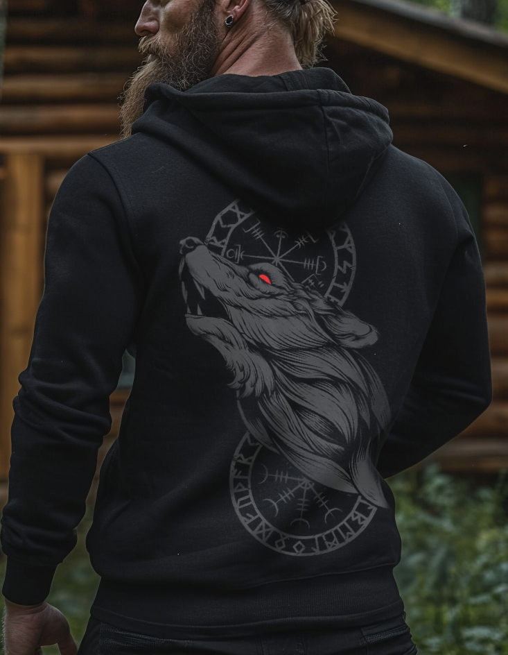 Viking Wolf Rune Printed Totem Vintage Unisex Casual Sports Hoodie