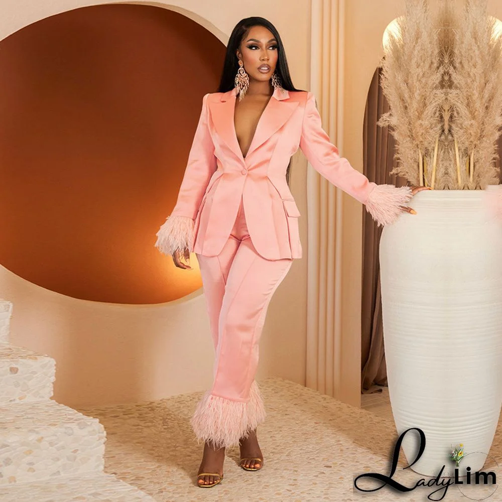 Women's Fashion Two-piece Blazer and Pants Suits with Feather