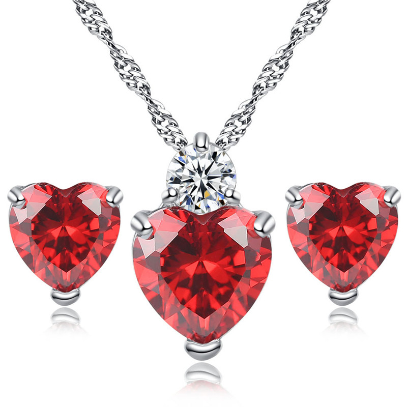 Christmas Red Heart-Shaped Zircon Earring Necklace Two Piece Set 2024 - Flycurvy 