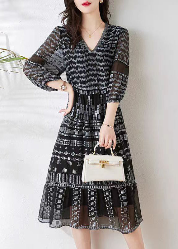 VCSHOES Loose Black V Neck Print Chiffon Long Dress Summer