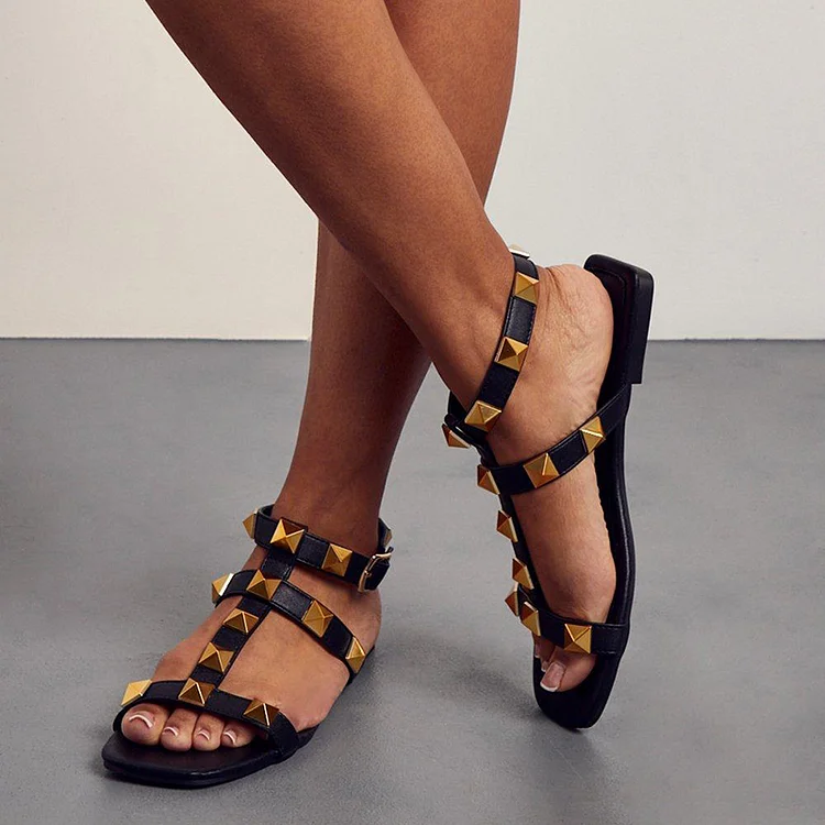 Black Square Toe Sandals Women's Vintage Studs Shoes Ankle Strap Flats |FSJ Shoes