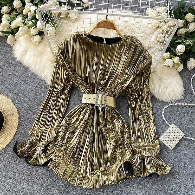 Flaxmaker Long Sleeve Waist Shiny Dress