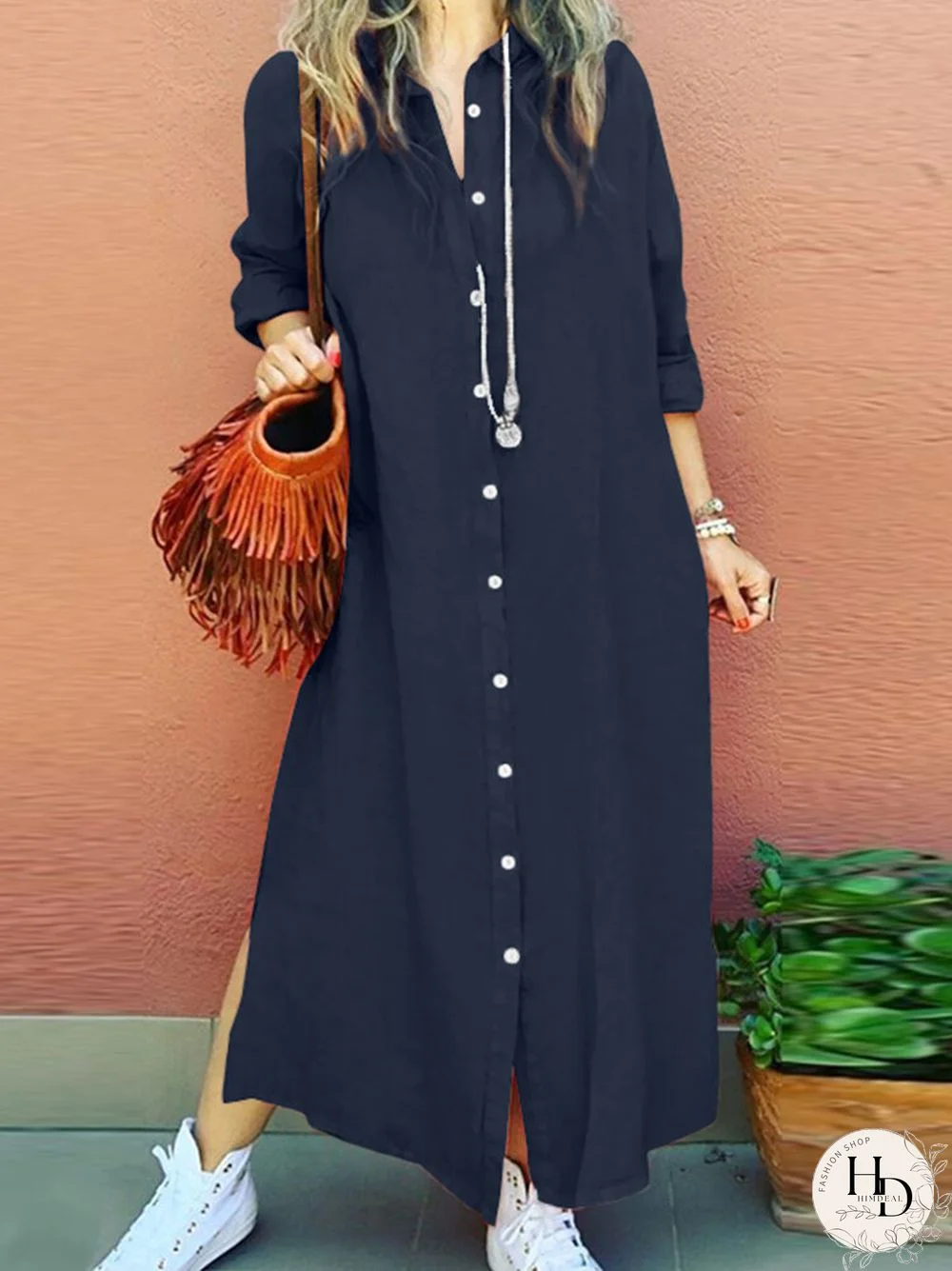 Solid Loose Slit Hem Button Long Sleeve Shirt Dress