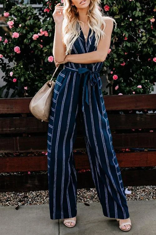 V-Neck Halterneck Striped Jumpsuit