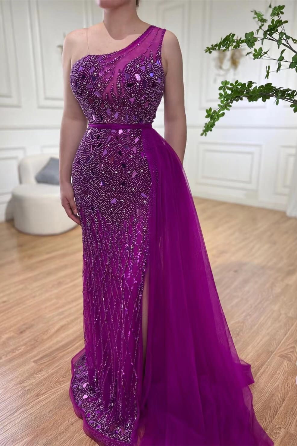 Bellasprom Purple One Shoulder Sleeveless Mermaid Prom Dress With Split Ruffles Beadings Bellasprom