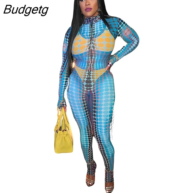 Budgetg Sexy Birthday Multicolor Polka Dot Printed Jumpsuit Women Club Party One Pieces Romper Zipper Long Sleeve Skinny Overalls